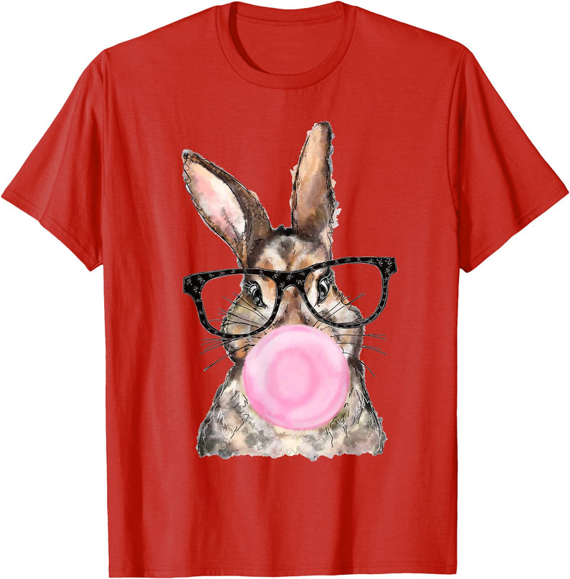 Cute Bunny Glasses Bubblegum Easter Day Girls Kids Boys T-Shirt in Red