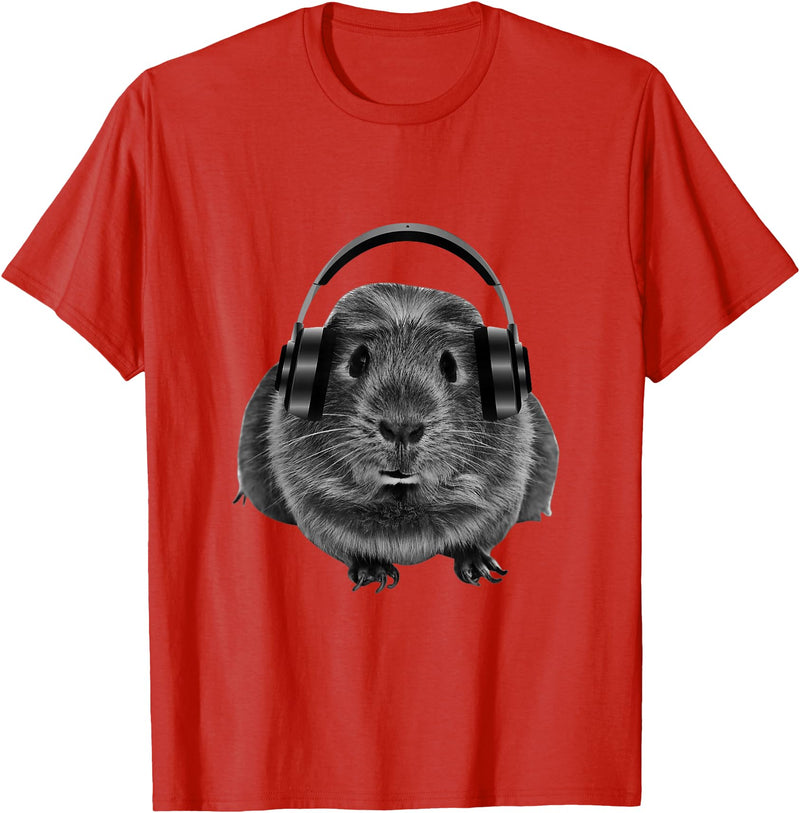 ROSS BOSS Funny Guinea Pig Graphic Tees Guinea Pig Shirt Headphones T-Shirt - Red