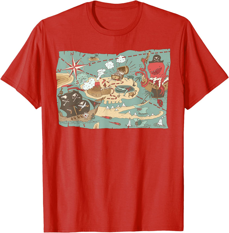 Mel & Bear Treasure Map Ship Sharks Pirates & Skulls Shirt Boys Kids T-Shirt - Red