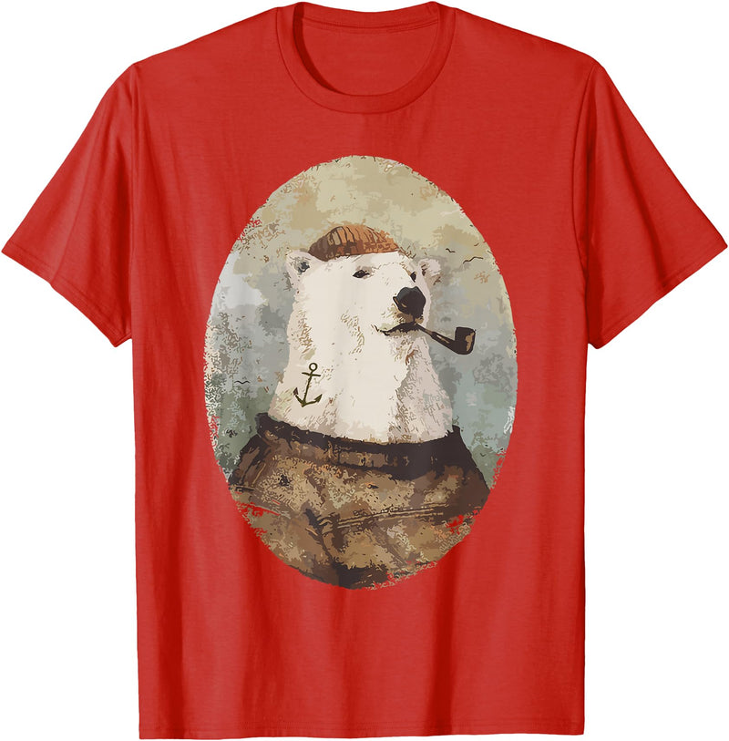 Polar bear Sailor Oil paint Inspired Cool Captain Polar Bear T-Shirt - Red