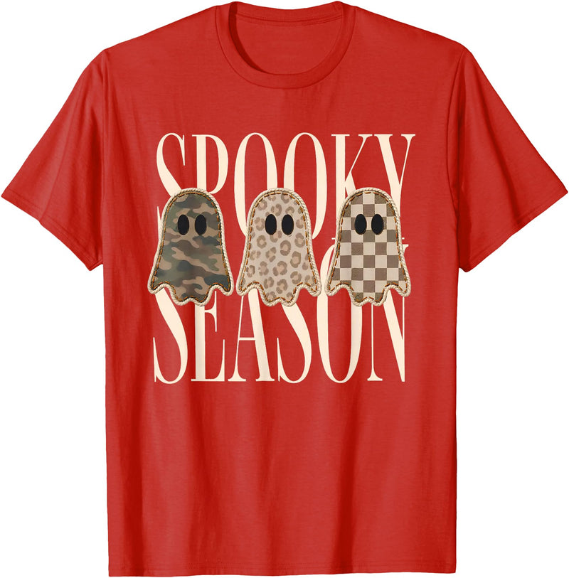 Spooky Season Ghost Halloween Shirt Spooky Season Leopard Camo Checkered Ghost Halloween Fall T-Shirt - Red