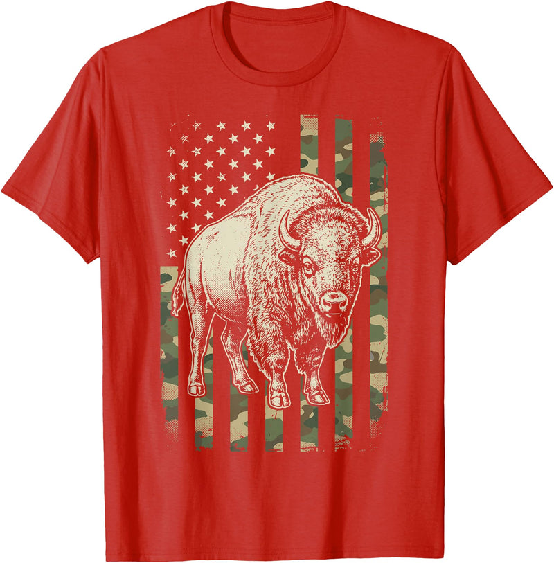 Usa Patriot American Bison Western Bufallo Bison USA Flag American Buffalo 4th of July T-Shirt - Red