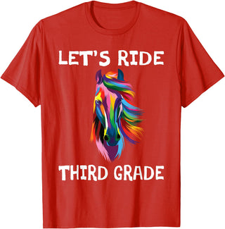 Back To School First Day Let's Ride Third Grade Back To School Horse Girls T-Shirt - Red