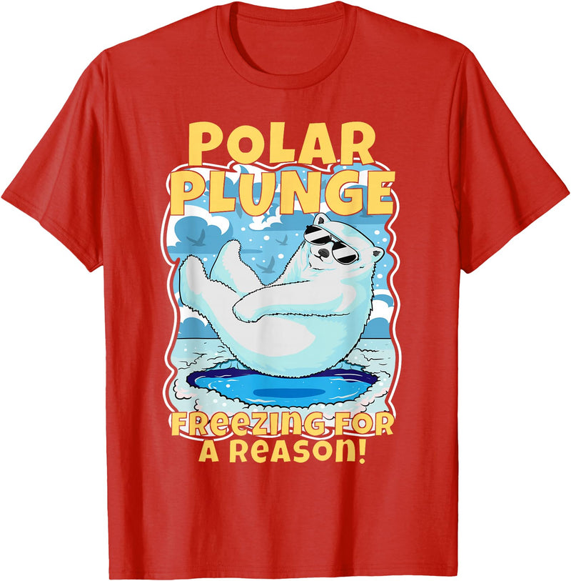 Ice Cold New Years Arctic Iceberg Freeze Swim Team Polar Plunge Freezing For A Reason! Cool Polar Bear Swimming T-Shirt - Red