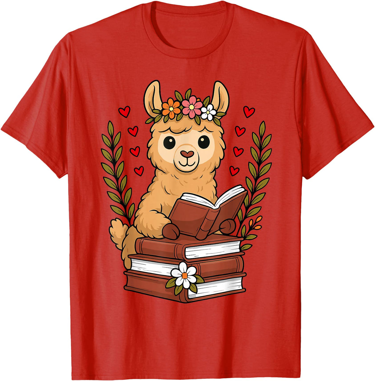 Bookworm Cute Llama Reading Book Llama Reading Book Graphic Llama with Book Floral T-Shirt - Red