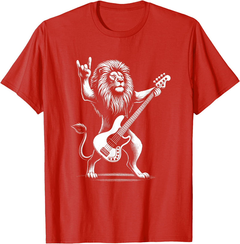 Funny Guitar Lion Lovers Costume for Guitarist Rock n Roll Lion Playing Guitar Funny Men Women Lion T-Shirt - Red