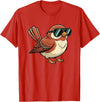 Chipper Feather Co Bird: Sparrow in Sunglasses, Cool Cartoon Avian Attitude T-Shirt - Red