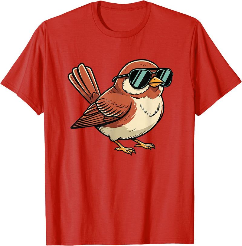 Chipper Feather Co Bird: Sparrow in Sunglasses, Cool Cartoon Avian Attitude T-Shirt - Red