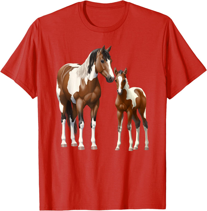 Horse Lover Shirts by CSForest Beautiful Brown Pinto Bay Paint Horse Mare & Foal T-Shirt - Red