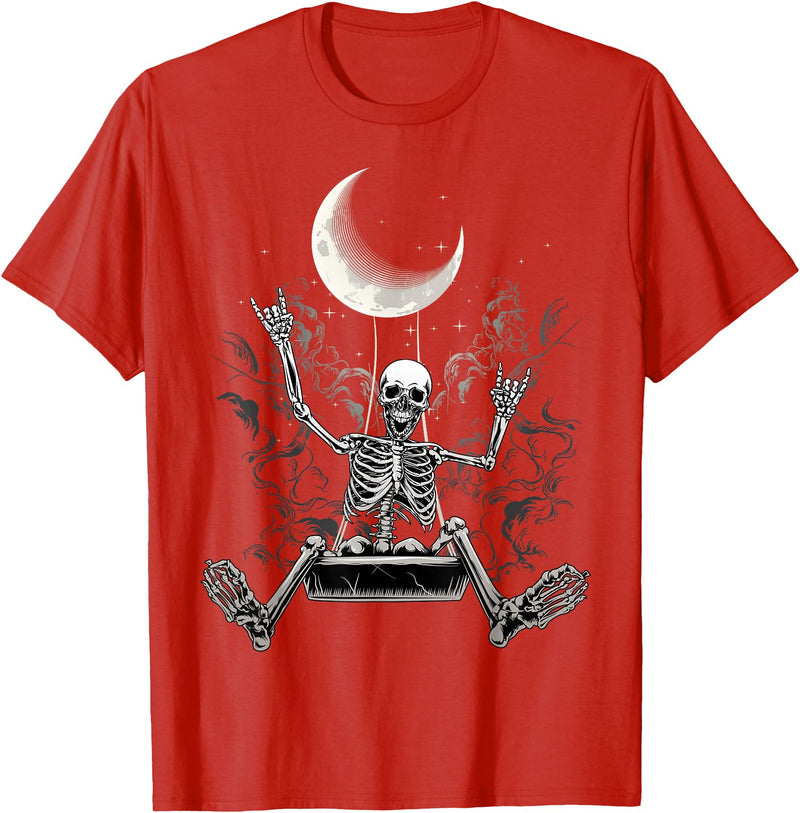 Skeleton Love Halloween Moon Skeleton Rock On Hand Spooky Halloween Rock Concerts T-Shirt - Red