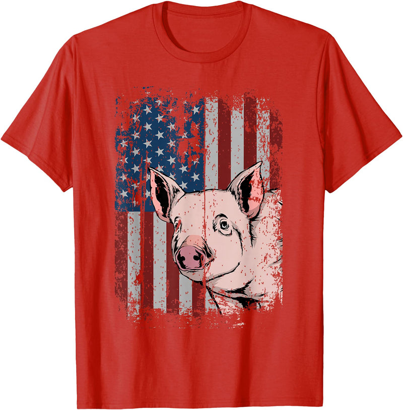 Proud USA Pig Farmer Apparel Gift Idea Pig American USA Flag Patriotic Pig Farm Gift T-Shirt - Red