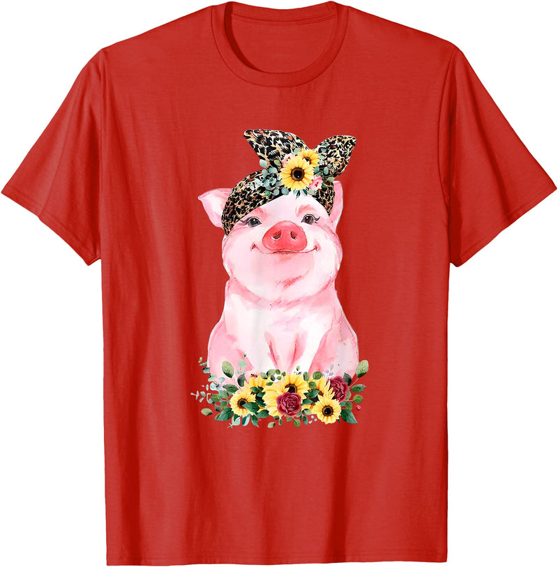 Pig Leopard Headband Flower Tees Pig With Leopard Headband Flower Cute Pig Lover T-Shirt - Red