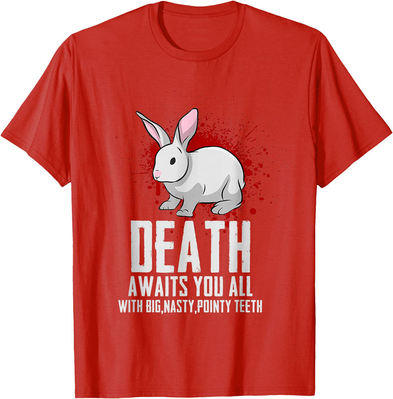 Death Awaits You All with Big Nasty Pointy Teeth Rabbit T-Shirt in Red