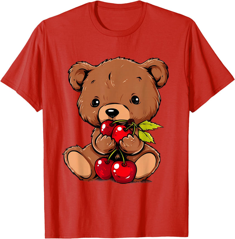 Cute Cherry Animals Cherry Bear Cute Bear Nature Cherry Fruit Artwork Wildlife T-Shirt - Red