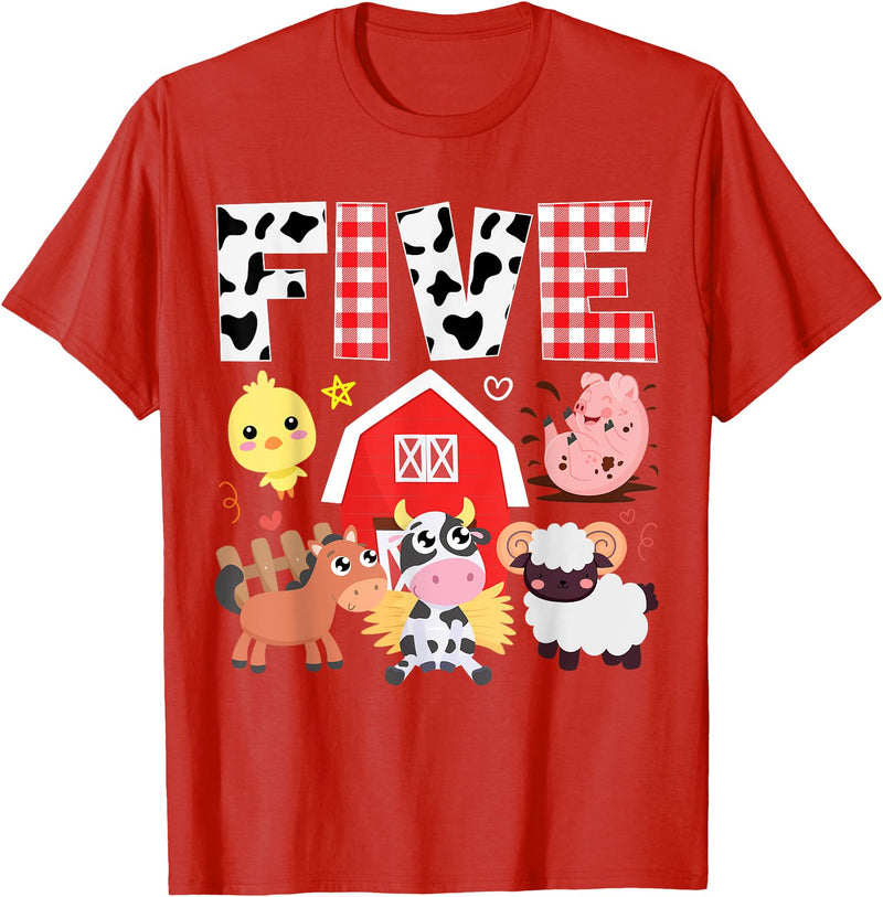 Farm Animals Cow Themed Birthday Party Family Tees 5th Birthday Five Year Old Farm Theme Animals Birthday Party T-Shirt - Red