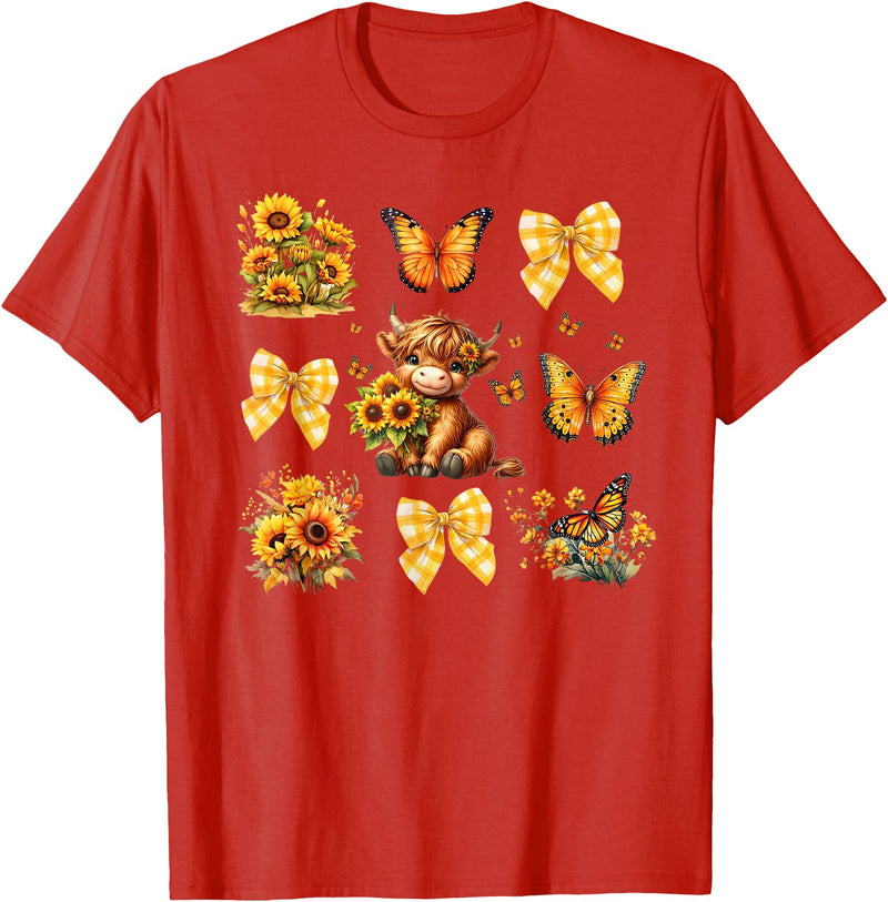 Coquette Bow Scottish Highland Cow Sunflower Shirt Baby Highland Cow With Sunflower Butterflies Farm Western T-Shirt - Red