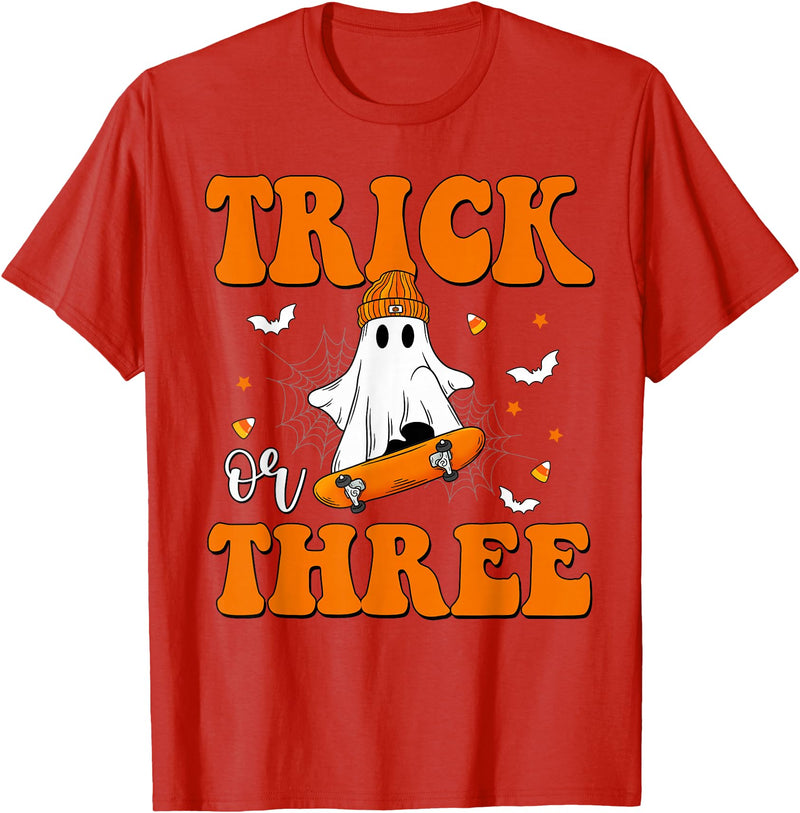 3 Year Old Boy Birthday Gift For Spooky Boys Kids Trick or Three 3rd Halloween Birthday Ghost Skateboarding T-Shirt - Red