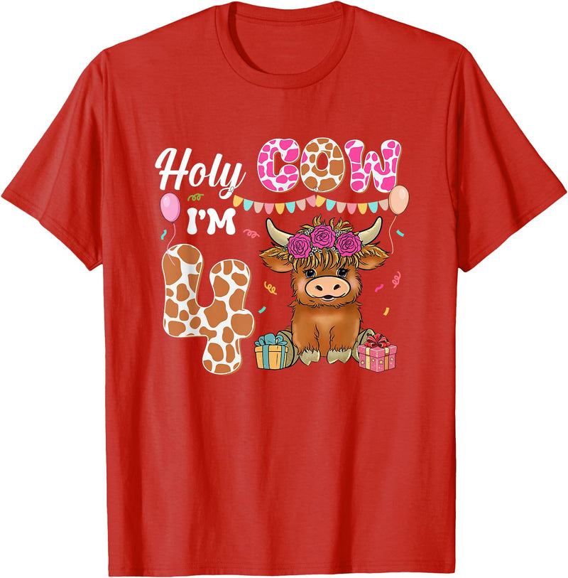 Holy Cow I'm 4 Highland Cow 4th Birthday Holy Cow I'm 4 Highland Cow Farming 4th Birthday 4 Years Old T-Shirt - Red