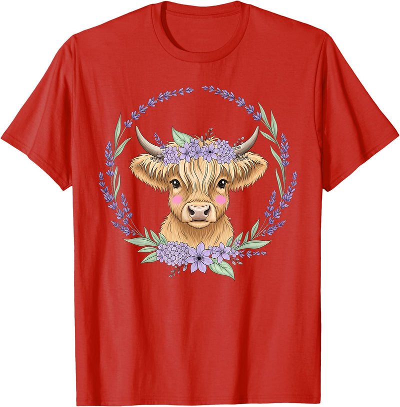 Unique Highland Cow Gifts Girls Cute Baby Highland Cow Design Purple Flowers Farm Toddler T-Shirt - Red