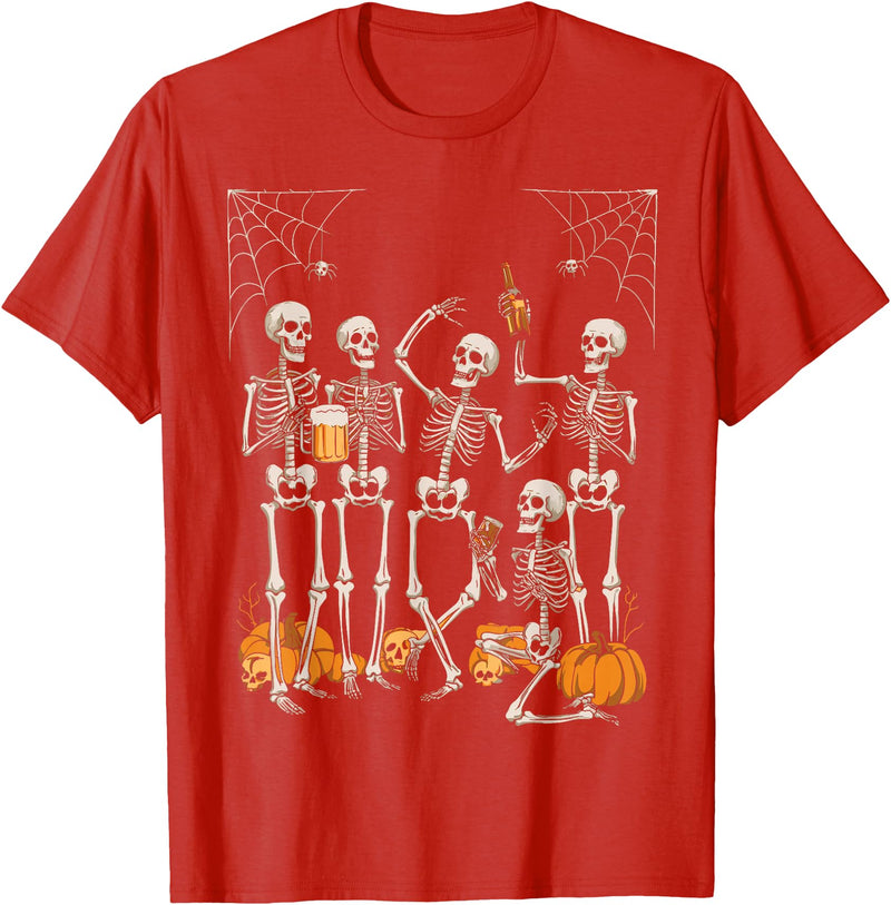 Funny Halloween Skeleton Scary Skeleton Party Halloween Costume 2024 Drinking Beer T-Shirt - Red