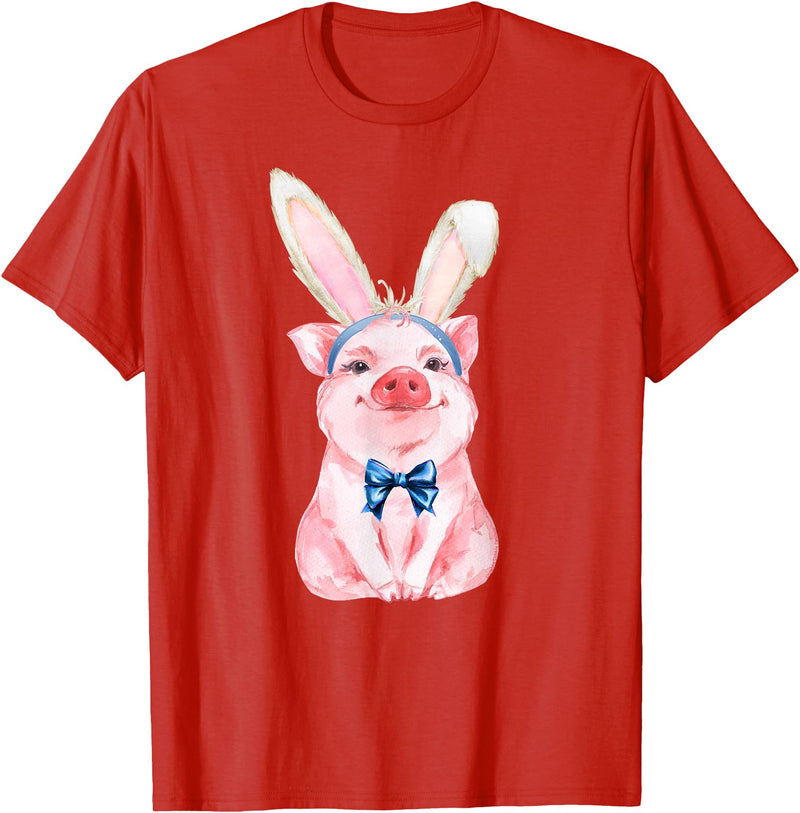 Dibble Dabble Easter Designs Adorable Easter Pig with Easter Bunny Ears - Easter Pig T-Shirt - Red