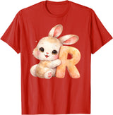 Letter R Rabbit Watercolor Cute Baby Animal Alphabet Initial T-Shirt in Red