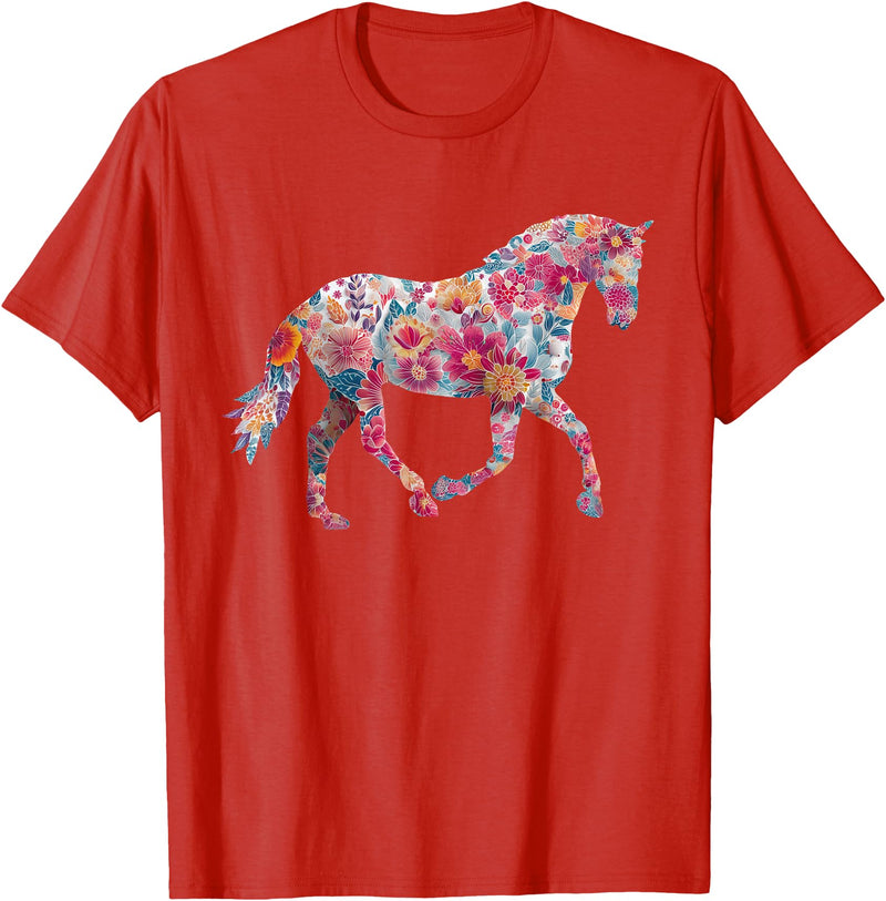 Horse Designs. Horse Flower Equestrian Riding Floral Pattern Graphic T-Shirt - Red