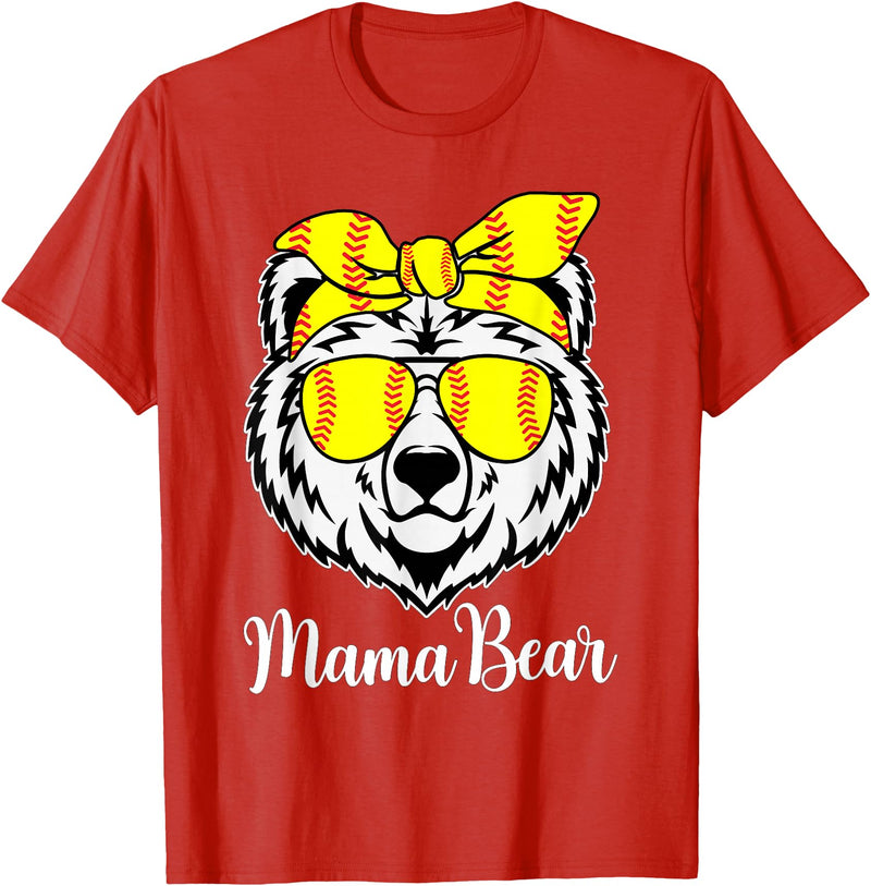 Mama Bear Face Apparel Softball Mama Bear With Sunglasses Bandana Momma Mothers Dy T-Shirt - Red