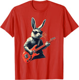 Rabbit Bunny Wearing Sunglasses Playing Guitar Musician T-Shirt in Red