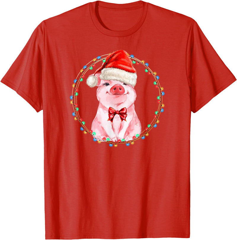 Dibble Dabble Holidays Sweet Pig with Santa Hat Pig Lover Christmas T-Shirt - Red