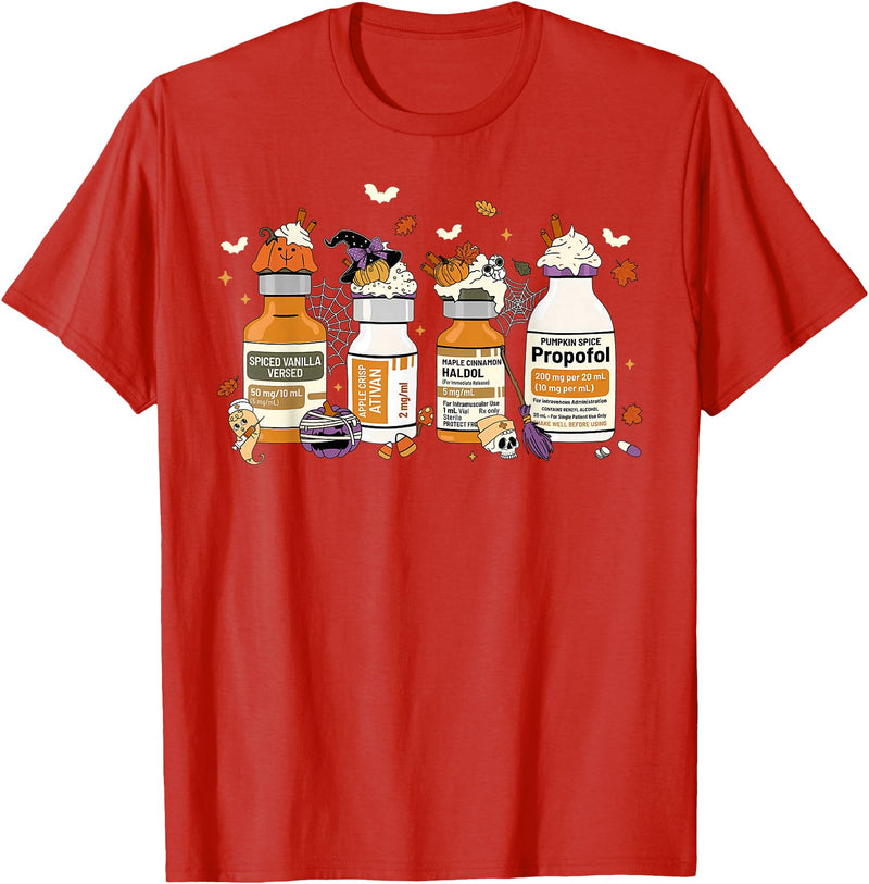 Pumpkin Spice Propofol Halloween Nurse Pumpkin Spice Propofol Ativan Versed Haldol Halloween Nurse T-Shirt - Red