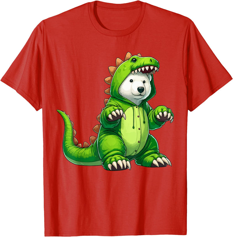 Scary Polar Bear Dinosaur Halloween Lazy Costume Polar Bear Wearing Dinosaur Costume Halloween Cosplay T-Rex T-Shirt - Red