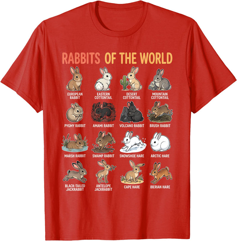 Rabbits of the World Species Educational Chart Bunny Types T-Shirt in Red