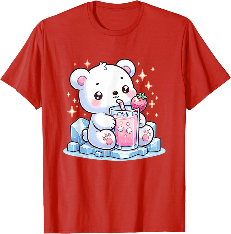 Cute Japanese Kawaii Animals Drinking Milk Co. Cute Kawaii Style Polar Bear Drinking Strawberry Milk T-Shirt - Red