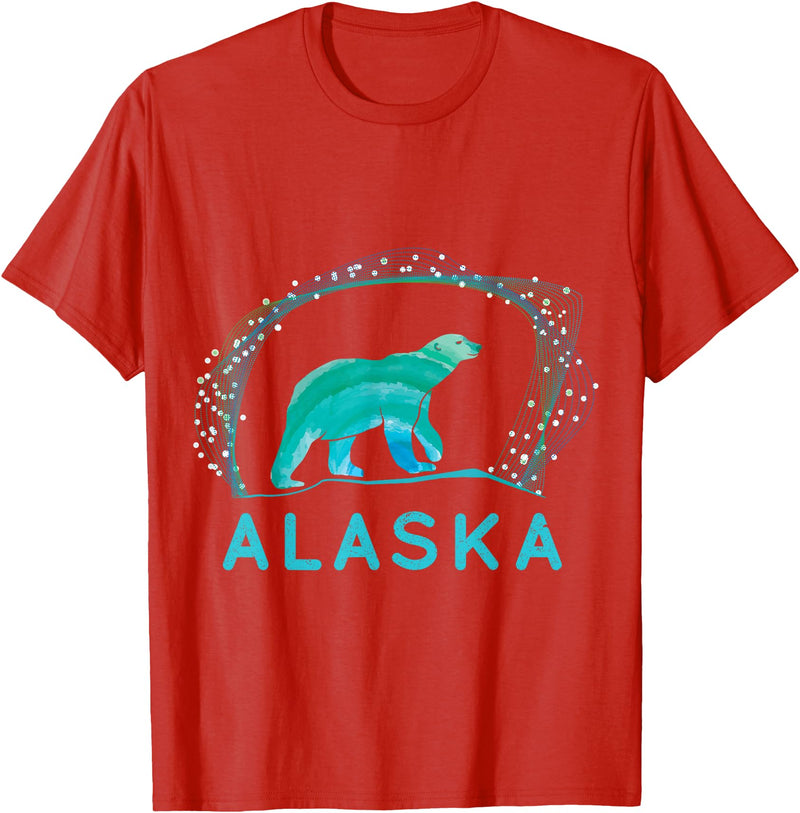 Funny Polar Bear Alaska Day Northern Light Gift Alaska Polar Bear with Polar Lights and Stars T-Shirt - Red