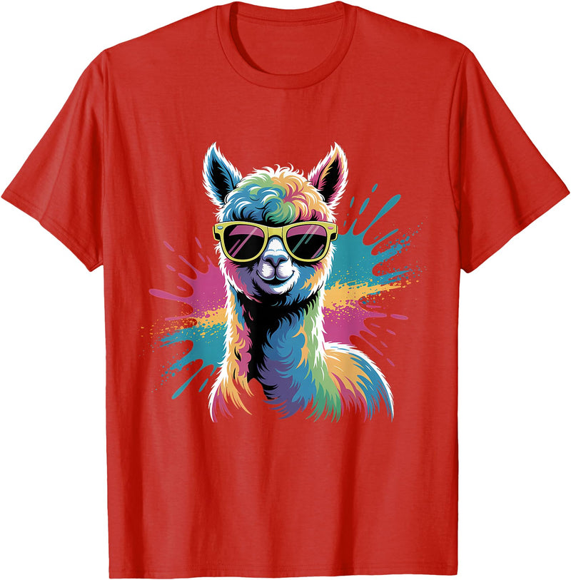 Funny Llama Lover Graphics Funny Llama Alpaca with Sunglasses Animal Graphic T-Shirt - Red