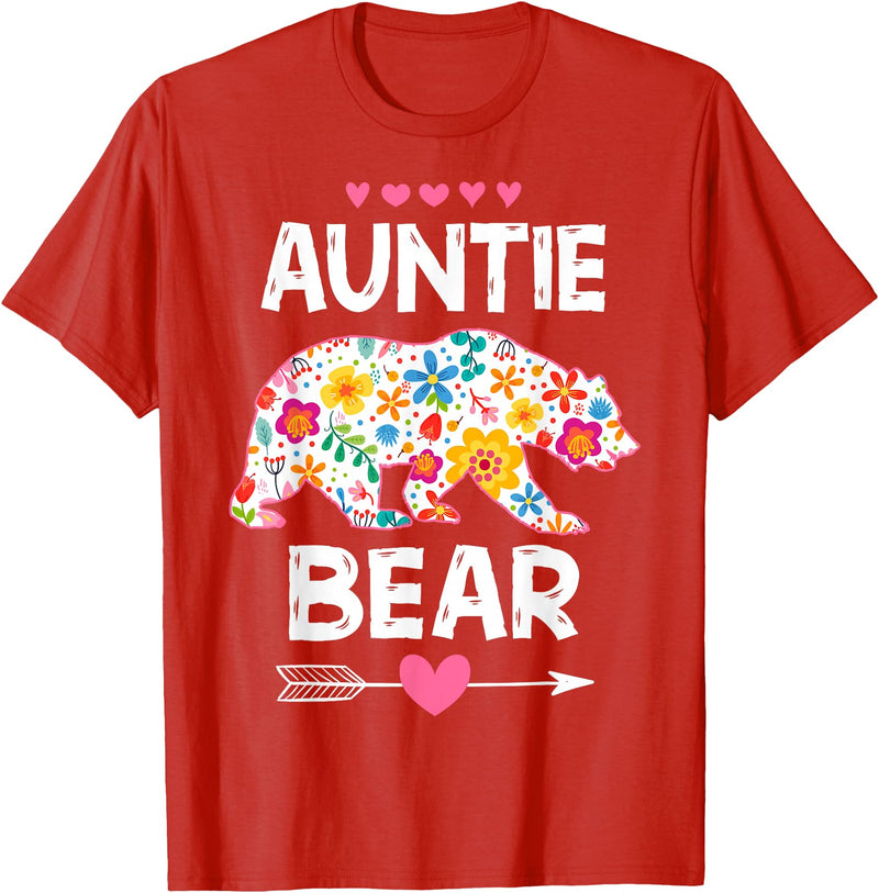 Auntie Bear Cute Floral Mother's Day Family Matching Party T-Shirt - Red