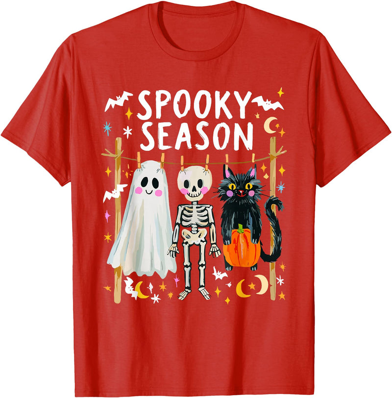 Spooky Ghost Halloween Black Cat Holding Pumpkin Preppy Halloween Ghost Skeleton Black Cat Spooky Season T-Shirt - Red