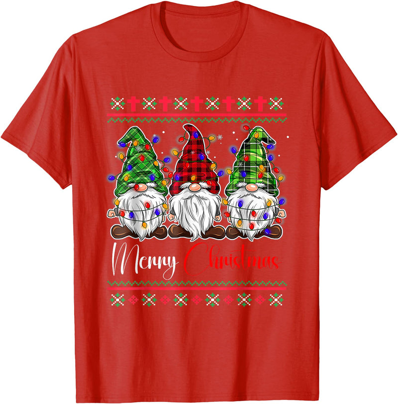 Xmas Lights Gnomes Holiday Graphics Merry Christmas Leopard Buffalo Red Plaid for Men Women T-Shirt - Red