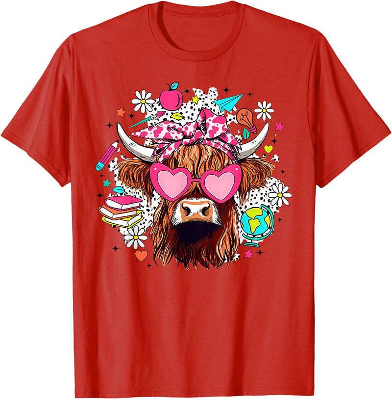 Cute Highland Cow Funny Teacher Life Retro Cute Highland Cow Teacher Bow Flower Heart Glasses T-Shirt - Red
