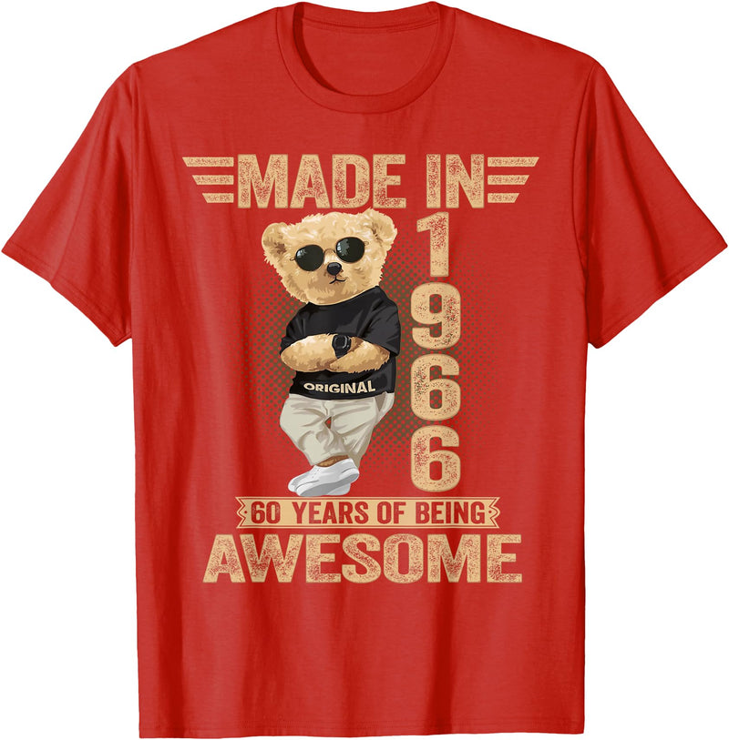 Vintage 60th Birthday 2026 Gifts Men Women 1966 60 Year Old Made in 1966 Teddy Bear 60th Birthday Men Women T-Shirt - Red