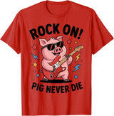 Musical Pig Tribe Collective for Rock Enthusiasts Rock On Pig Never Die Music Lovers Funny Concert Vibe T-Shirt - Red