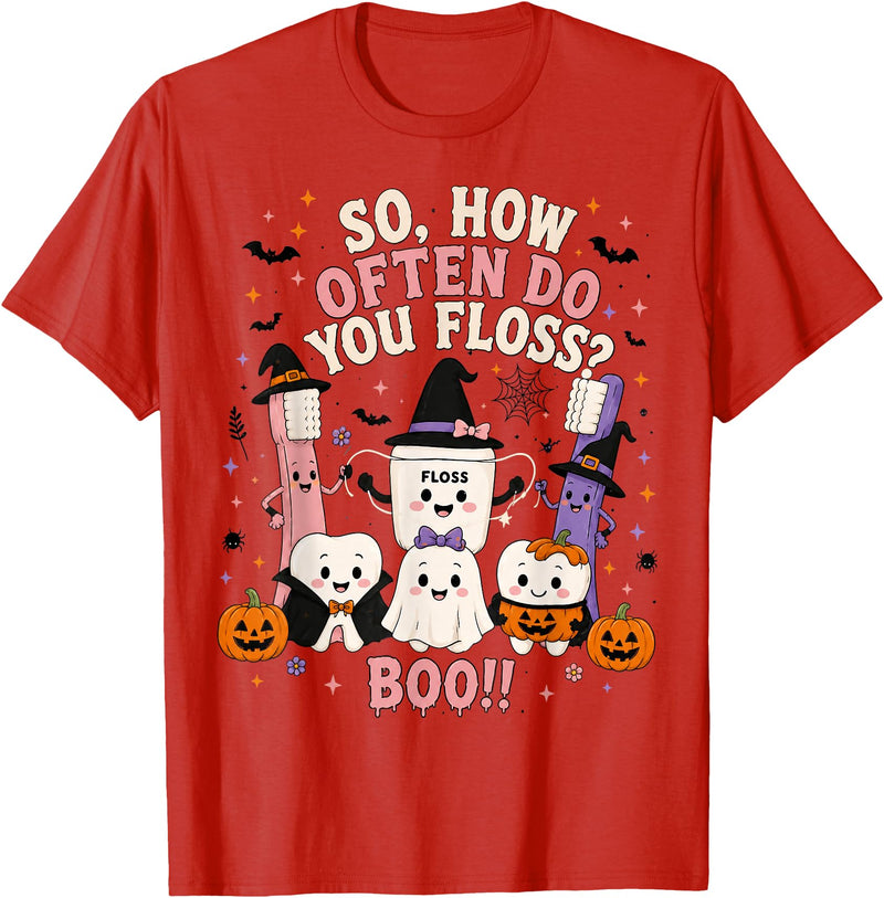 Funny Dental Dentist Halloween Tees How Often Do You Floss Funny Halloween Dentist Dental T-Shirt - Red