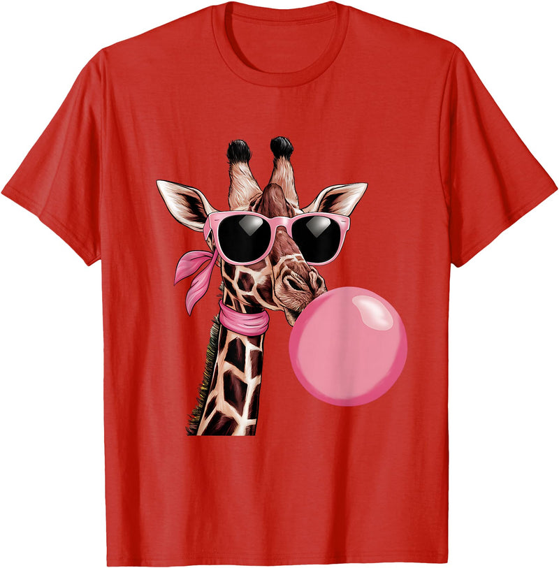 Funny Giraffe Lover Design Outfit Funny Cute Giraffe Pink Bubble Gum and Pink Sunglasses T-Shirt - Red