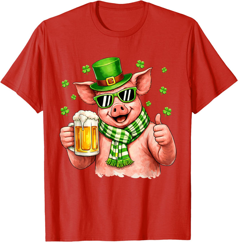 Amt Pig & Drinking Beer Lovers Saint Patrick's Day Funny Pig Drinking Beer Leprechaun Shamrocks St Patricks Day T-Shirt - Red
