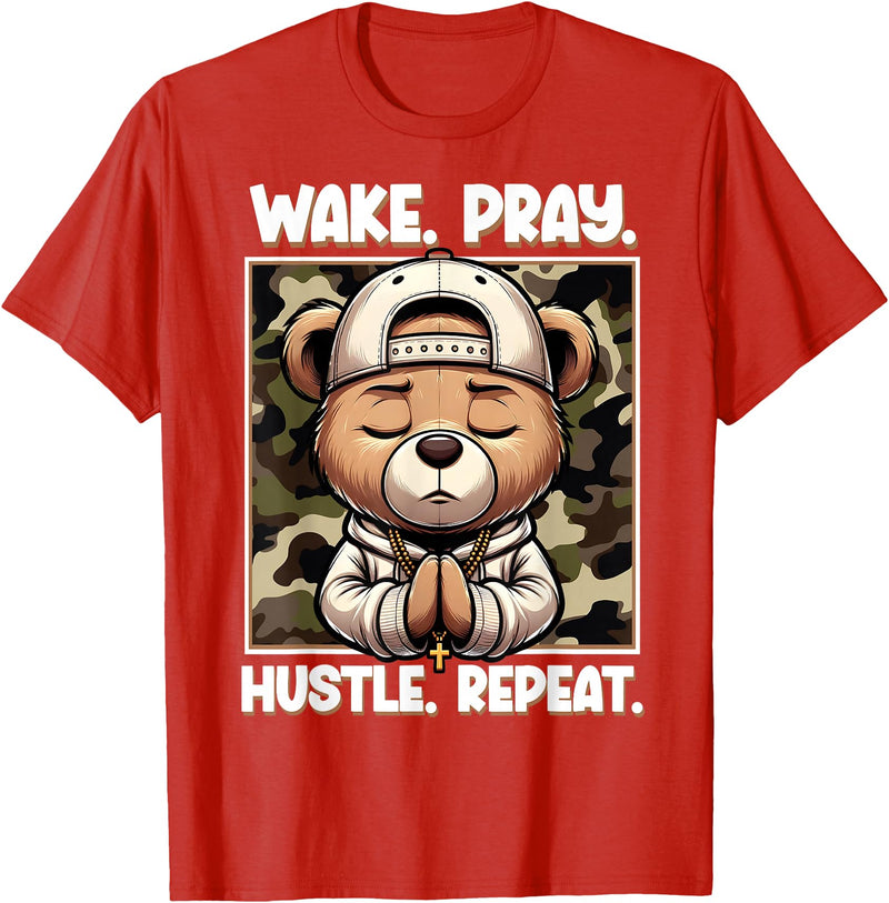 Camouflage Hip Hop Teddy Bear Hustle Grind Designs Wake Pray Hustle Repeat Hip Hop Teddy Bear Boys Teens Camo T-Shirt - Red