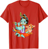 Clever Witty Designs Hindu god Lord Shri Krishna with a Cow and a Bird T-Shirt - Red