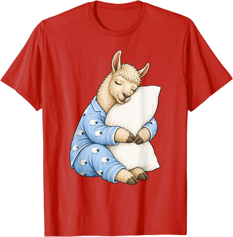 Funny Sleepy Llama Animal Lovers Pajama Llama Sleeping in Cute Pajamas Sleep T-Shirt - Red