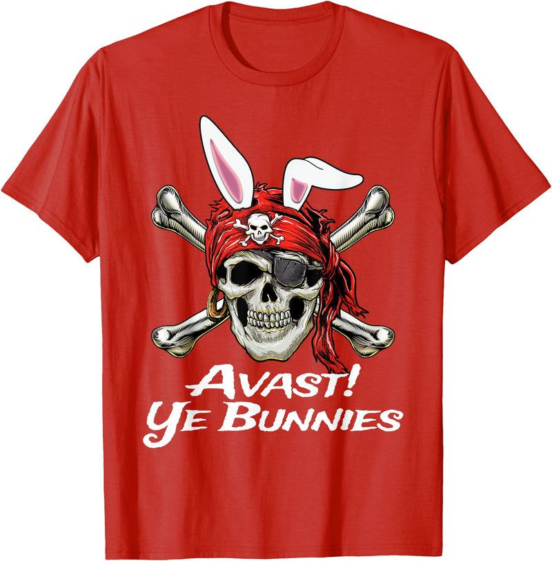 Funny Pirate Skull and Crossbones Avast Ye Bunnies Easter T-Shirt in Red