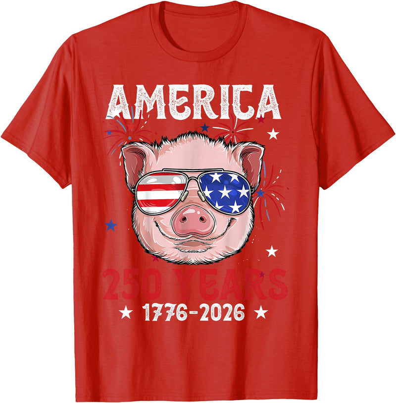 Pig Face 4th of July 1776-2026 Anniversary 250th Pig Sunglasses American Flag America 250 Years Tee 250yr Tee T-Shirt - Red